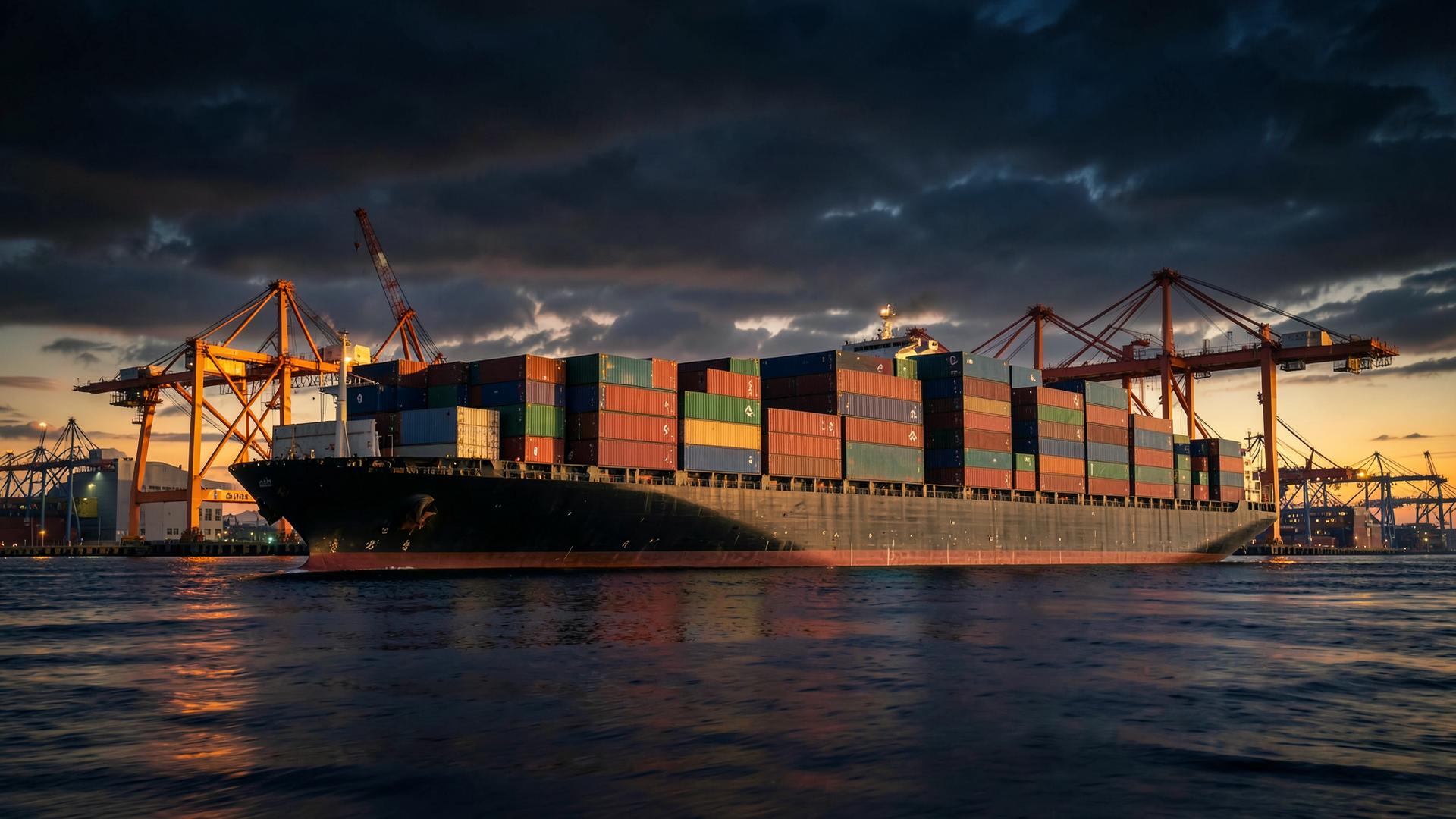 Container ship departing a port at golden hour